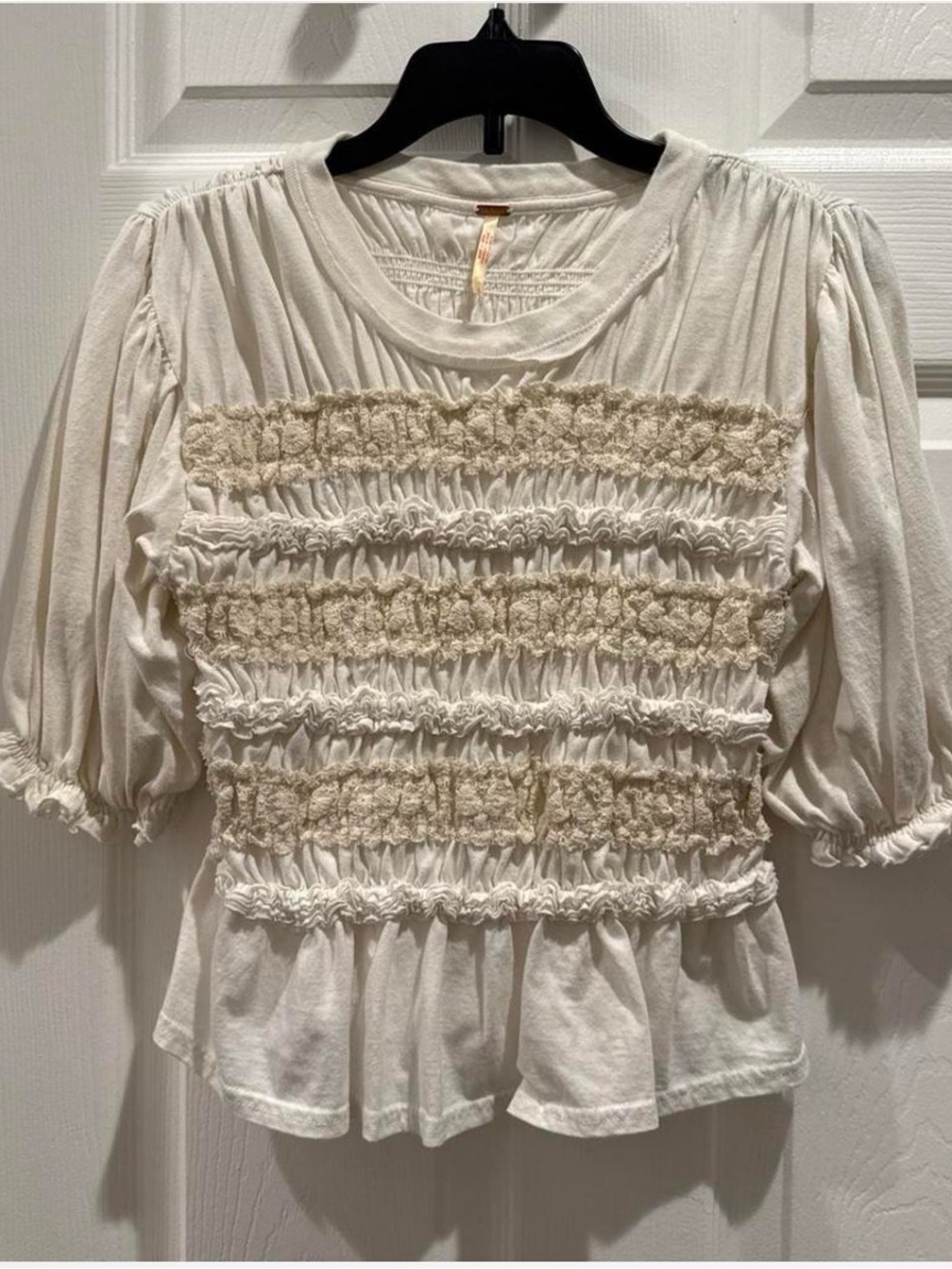 Free People Cream Smocked Peplum Blouse